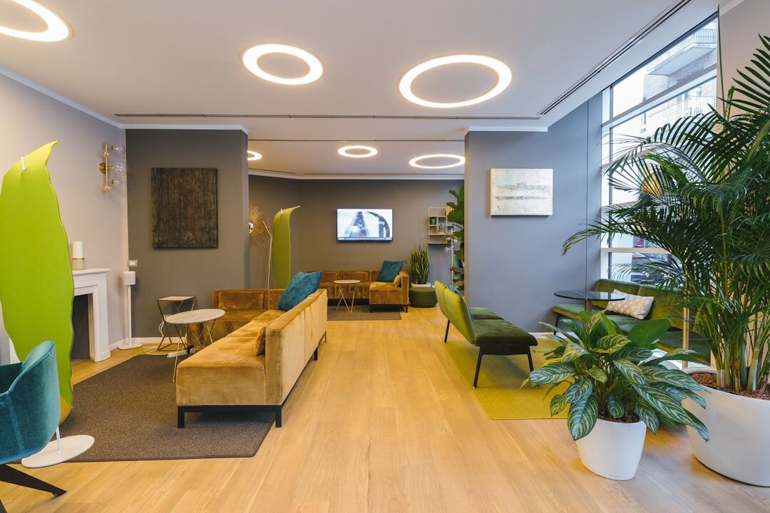 Bright modern coworking space interior with plants