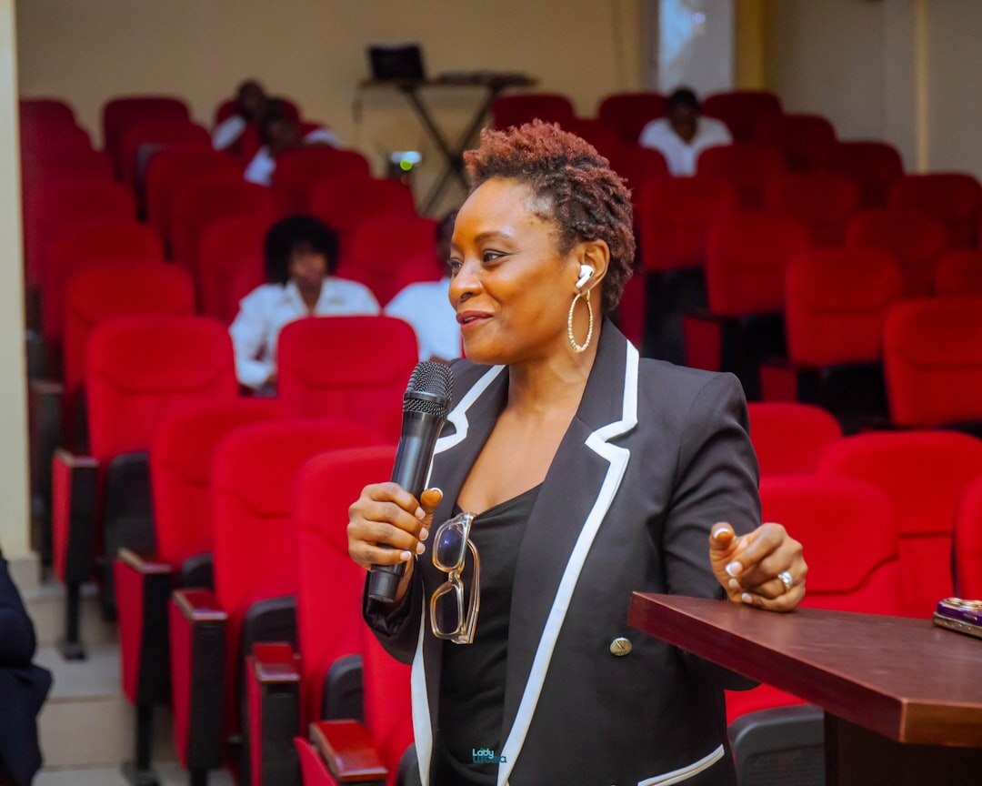 confident speaker on stage